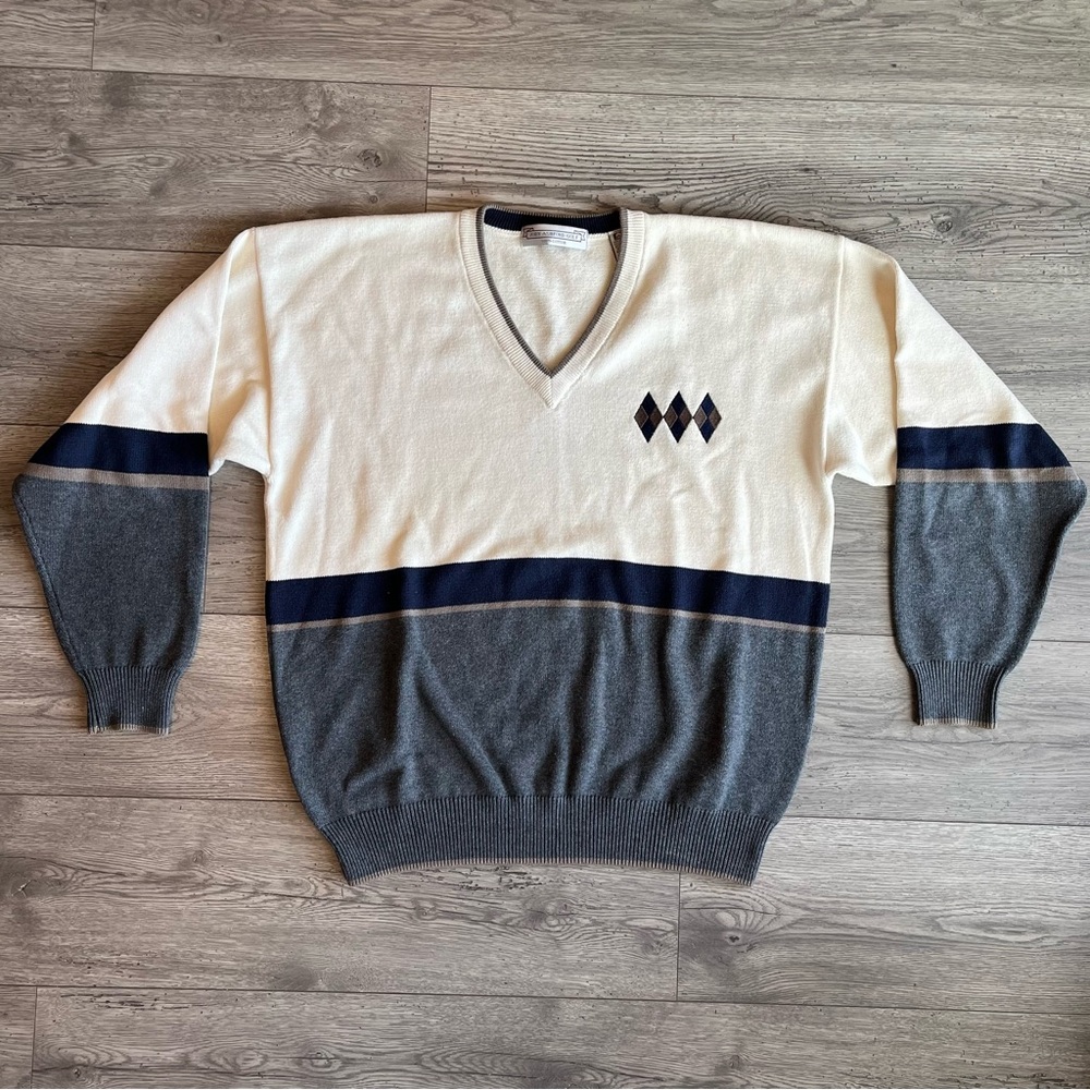 John Ashford Golf Men’s V-Neck Sweater Stripe Diamond Cotton Cream Navy Brown XL